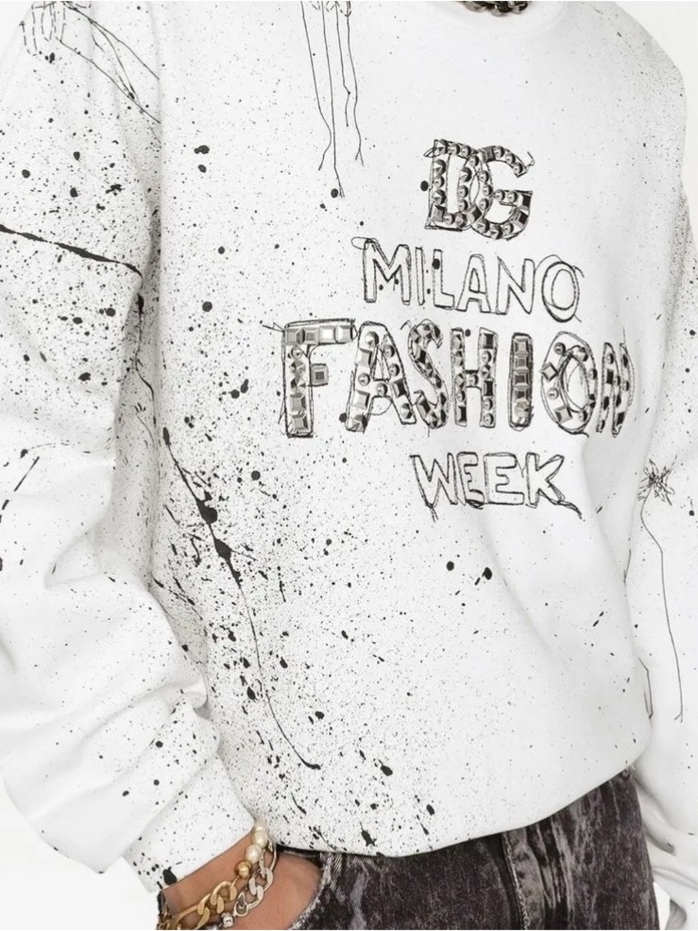 Dolce & Gabbana White Milano Fashion Week Sweatshirt Black Splatter and studs